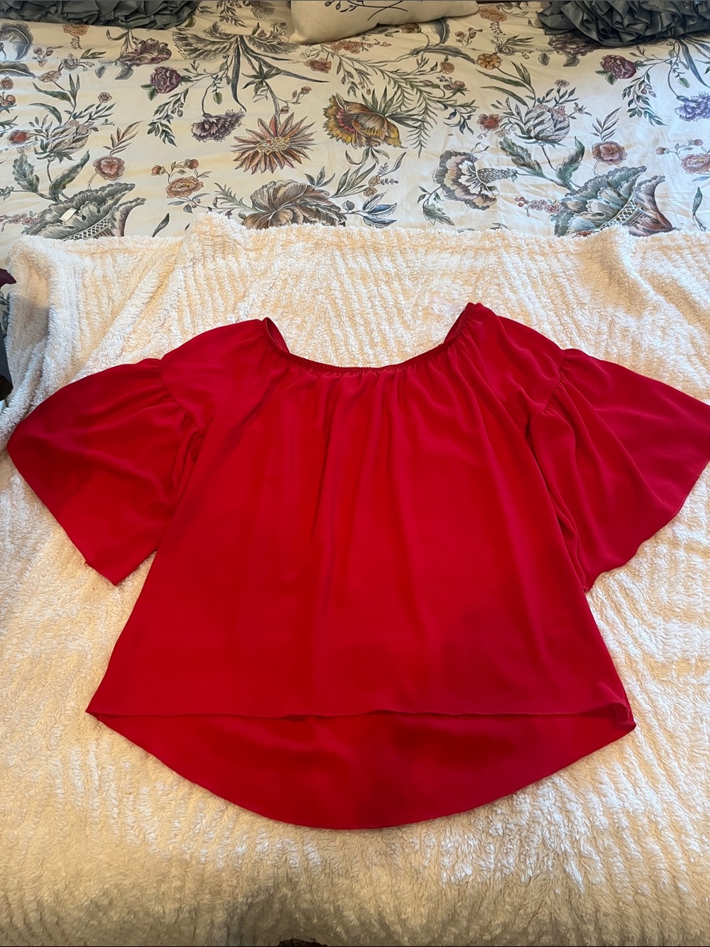 Impressions Red Off-the-Shoulder Flutter Sleeve Blouse